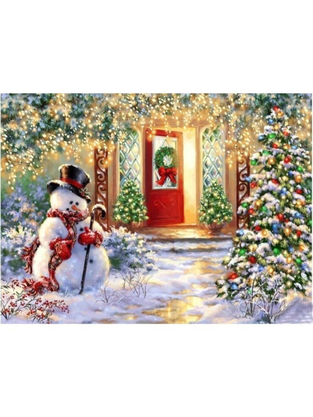 Christmas Snowman Cozy Winter Festive Scene Home Light Up Tree Snowy Diamond Dot